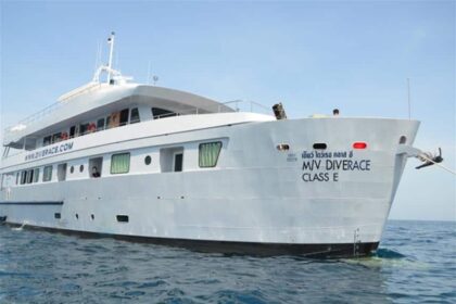 the bow of the liveaboard M/V DiveRACE Class E, its name painted on the white hull