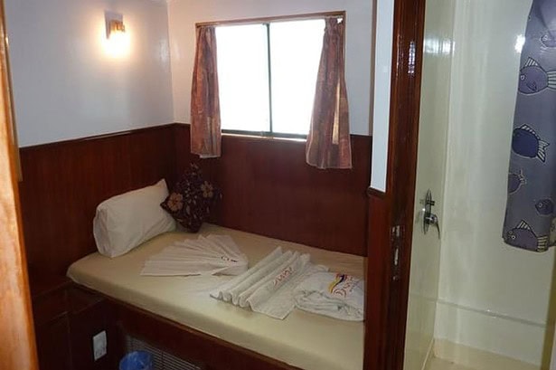 Cabin aboard the MY Jessica liveaboard with an ensuite shower behind a fish patterned curtain