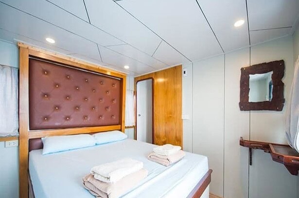 Double bed cabin aboard the MV Camic liveaboard with a tufted leather headboard and folded towels