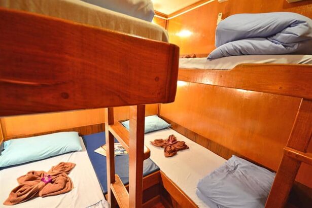 Wood-panelled shared cabin on Manta Queen III with bunks made up in blue linen