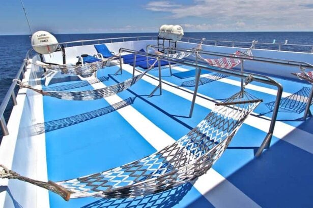 Rows of hammocks and lounge chairs on the Manta Queen 3's open air sun deck