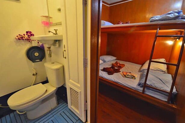 Ensuite bathroom with toilet and sink next to a wood paneled bunk cabin on the Manta Queen 3
