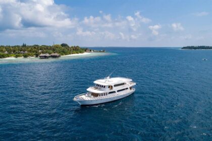Blue Shark 1 liveaboard anchored in deep blue water off a Maldivian island lined with overwater villas