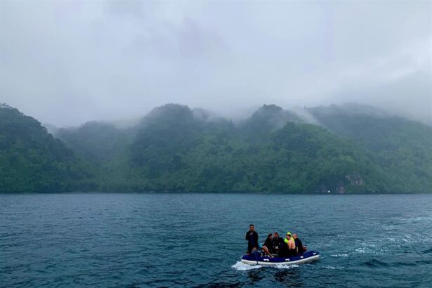 Divers head out by RIB toward a mist covered jungle coastline from the Infiniti liveaboard