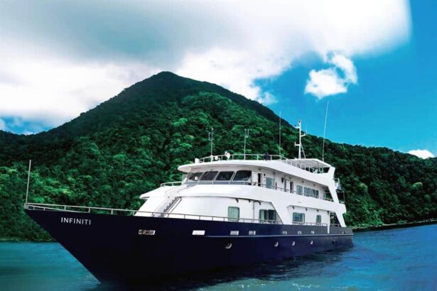 front side view of the Infiniti liveaboard anchored off a jungle covered coastline