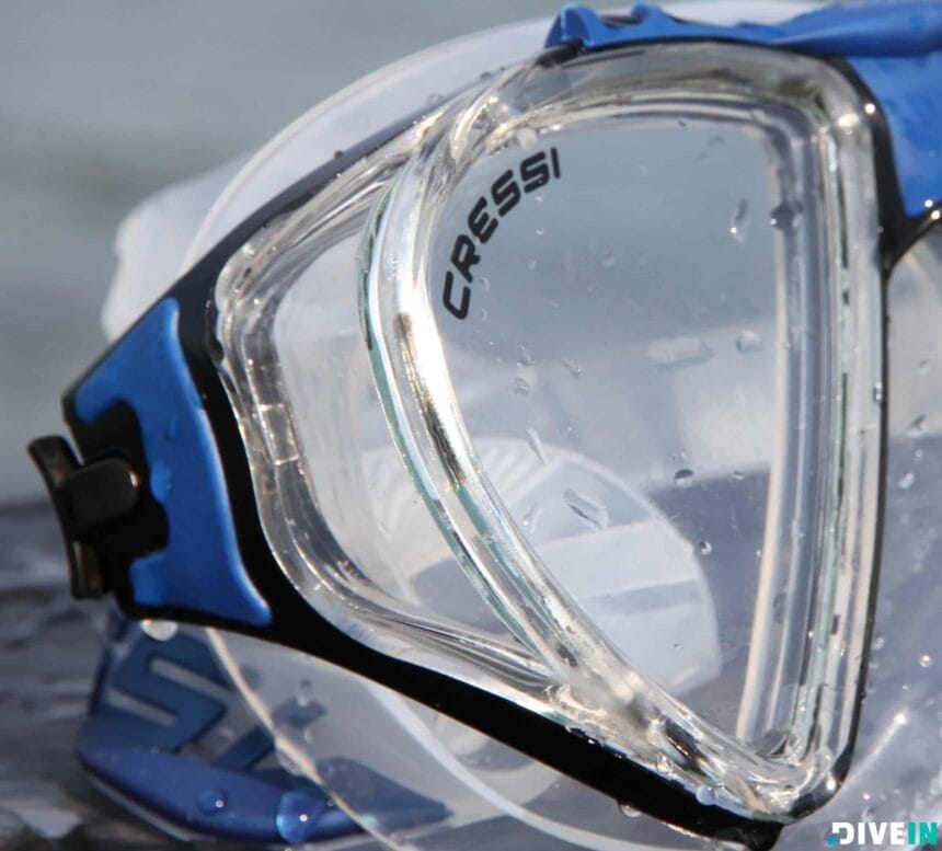 Cressi Penta Plus Mask Lens Detail Close-up of the Cressi Penta+ mask showing the clear side window next to the main lens