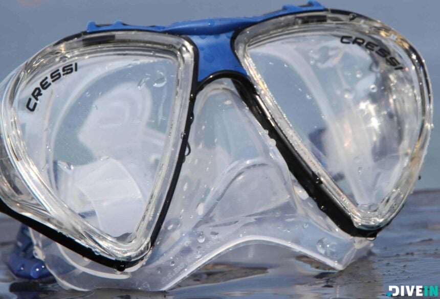 Cressi Penta+ Downward Sloping Lenses Front view of the Cressi Penta+ mask showing the steep downward slope from the top of the lenses to the bottom