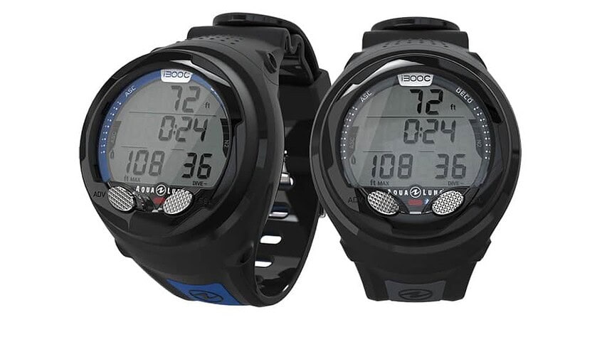 Aqua Lung i300c Front And Side Views Two Aqua Lung i300c dive computers shown front and angled, displaying depth, dive time and no-deco data