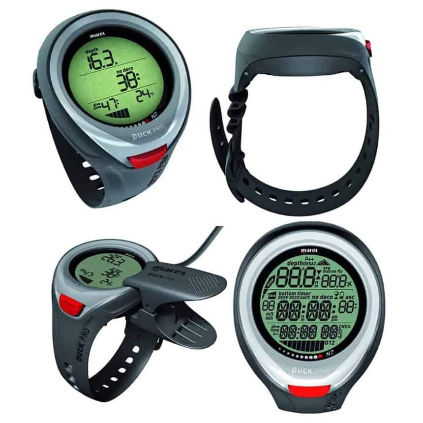 Mares Puck Pro Views And Clip Four views of the Mares Puck Pro showing the display, strap profile, USB clip and full segment screen
