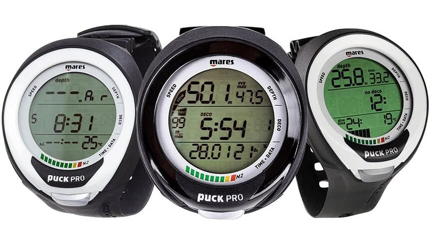 Mares Puck Pro Display Screens Compared Three Mares Puck Pro dive computers side by side showing surface, deco and no-deco screens