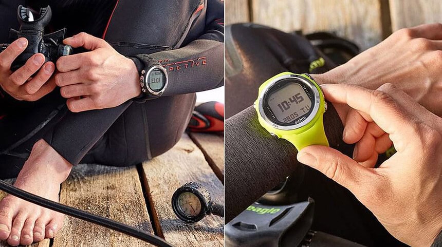 Setting Up A Suunto Dive Computer Two views of divers setting up gear, one adjusting a black wrist computer and one pressing the buttons on a yellow Suunto