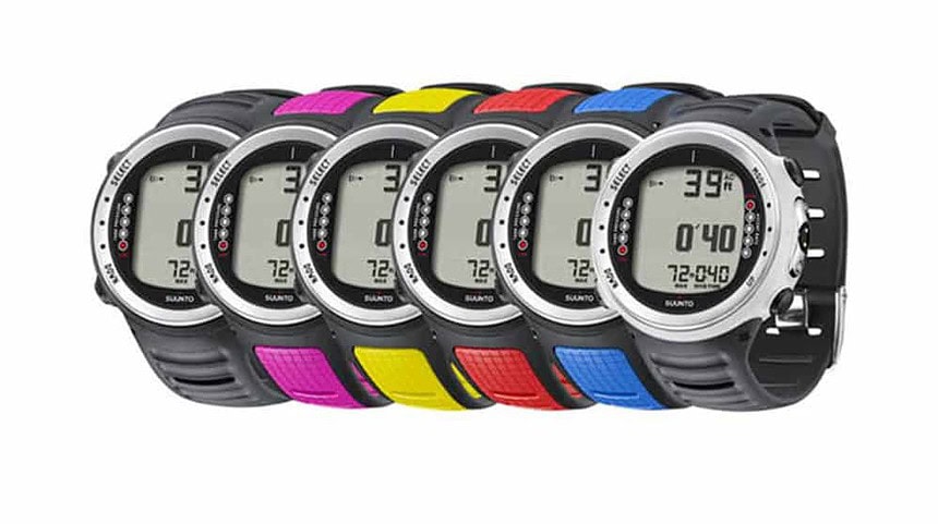 Suunto D4i Strap Color Options Row of Suunto D4i dive computers with black, pink, yellow, red and blue straps