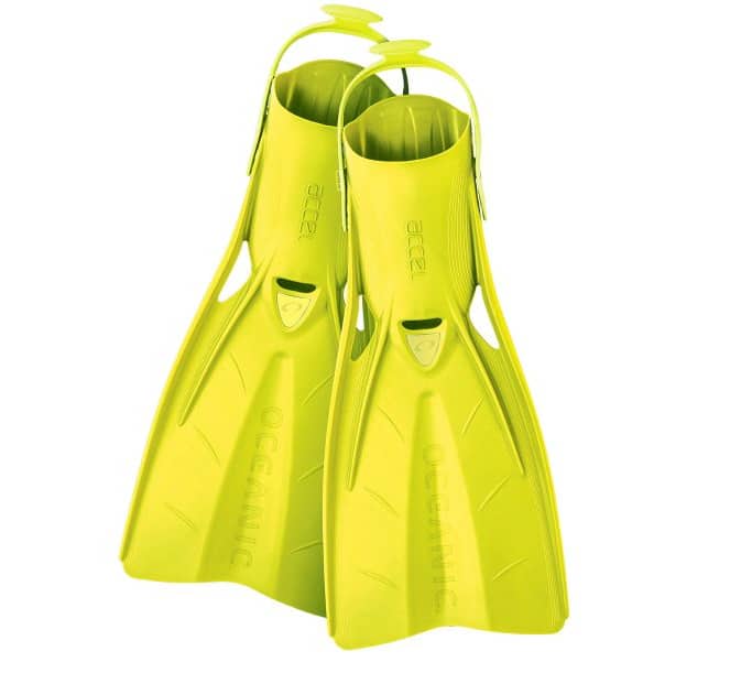 Oceanic Accel Open Heel Fins Pair of Oceanic Accel open heel fins in bright yellow green on a white background