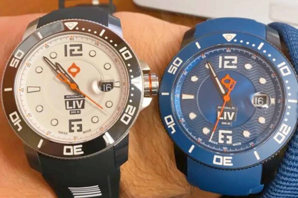 Two LIV GX Diver watches worn side by side, one white dial on a rubber strap and one blue dial on fabric