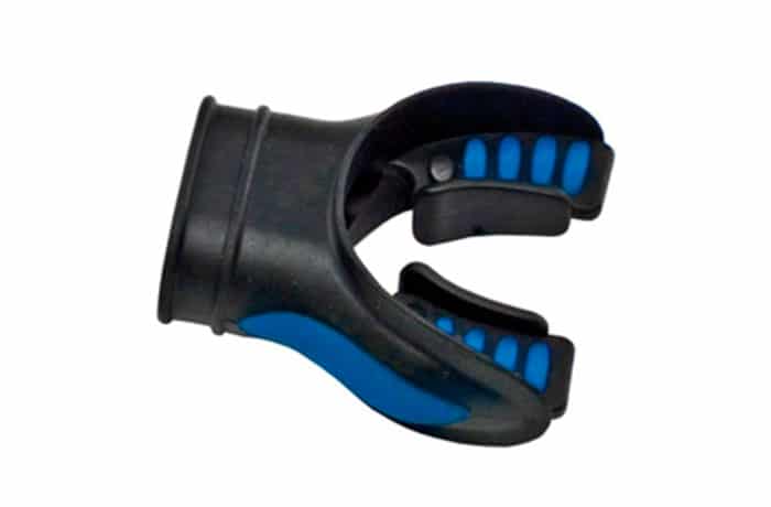 Black scuba regulator mouthpiece with soft blue bite tabs on a white background