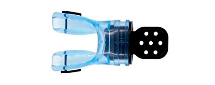 Clear blue silicone regulator mouthpiece with black hose adapter on a white background