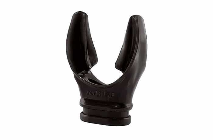 close-up of a long-bite regulator mouthpiece with tall wing-shaped tabs for a more secure grip