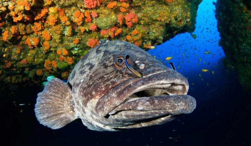Large grouper being cleaned by small fish beside an orange cup coral wall at Luperon Wall
