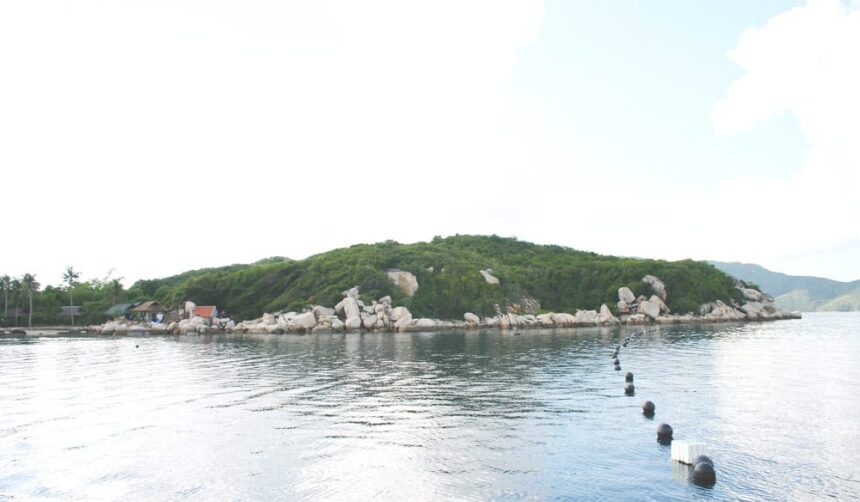 Forested island ringed by boulders with a line of mooring buoys at a Vietnam dive site