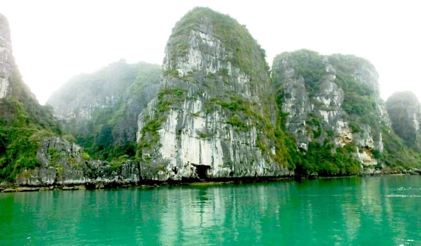 Sheer limestone cliffs meeting emerald green water above The Cave dive site