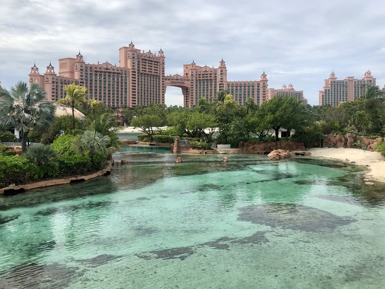 The pink towers of Atlantis Paradise Island rise above a turquoise lagoon in Nassau, the Bahamas