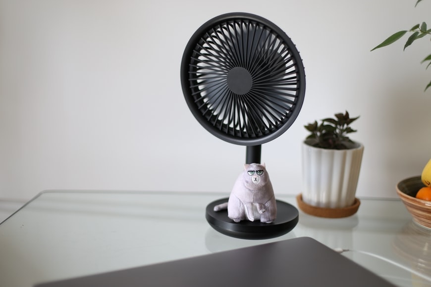 A small black desk fan with a cat shaped base sits near a potted plant