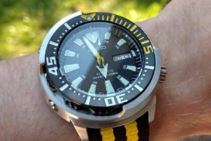 Seiko Prospex SRP639K1 dive watch on our tester's wrist, black dial and yellow and black NATO strap