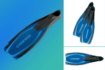 Cressi Reaction Pro full foot fins in blue and black shown from three angles