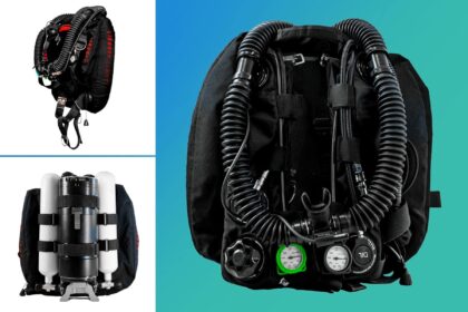 Divesoft Liberty rebreather seen from front and back with corrugated hoses, gauges and twin cylinders