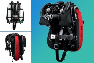 Hollis Prism 2 rebreather with red and black wing, coiled hoses, gauges and twin cylinders