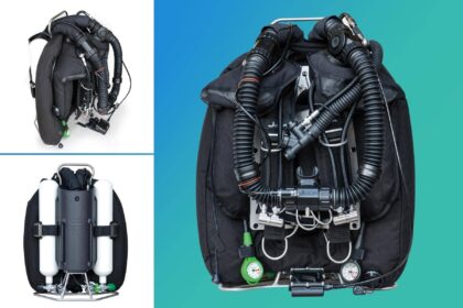 JJ CCR rebreather shown from the front and back with counterlungs, breathing hoses and twin cylinders