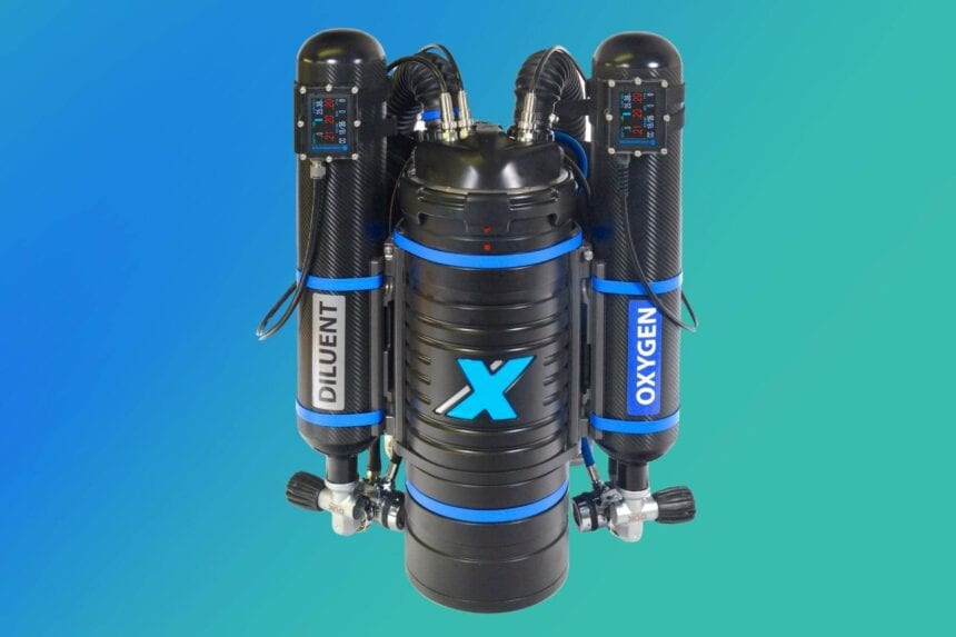 X-CCR rebreather with carbon fibre scrubber canister flanked by diluent and oxygen cylinders