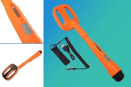 Orange Quest Scuba underwater pinpointer shown with its charging cable, lanyard and belt holster
