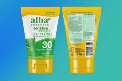 Alba Botanica sensitive mineral sunscreen SPF 30 tube shown front and back with the ingredients panel