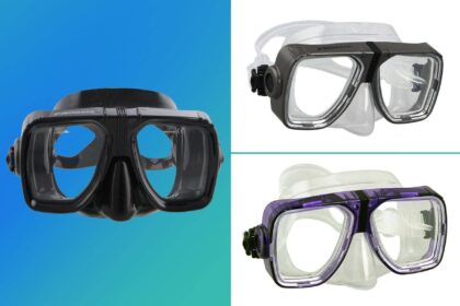 Promate optical corrective snorkel mask shown front on in black plus clear and purple skirt versions