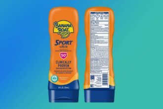 Banana Boat Sport Ultra SPF 50 plus sunscreen bottle shown front and back with the drug facts label