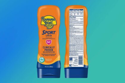 Banana Boat Sport Ultra SPF 50 plus sunscreen bottle shown front and back with the drug facts label