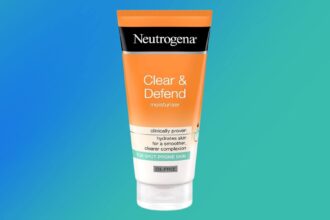 Neutrogena Clear and Defend oil free moisturiser tube in orange packaging for spot prone skin