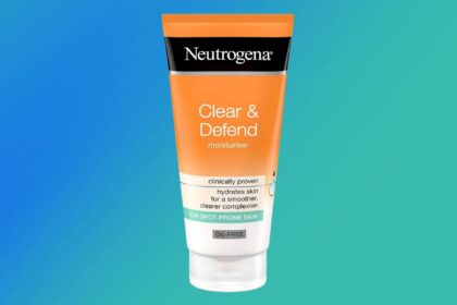 Neutrogena Clear and Defend oil free moisturiser tube in orange packaging for spot prone skin