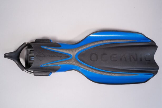 Top view of a single Oceanic Manta Ray fin showing the full blade and spring heel strap