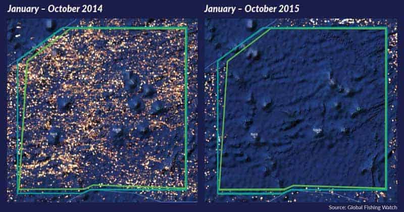 Satellite maps comparing dense fishing vessel activity in PIPA in 2014 versus a nearly empty ocean in 2015