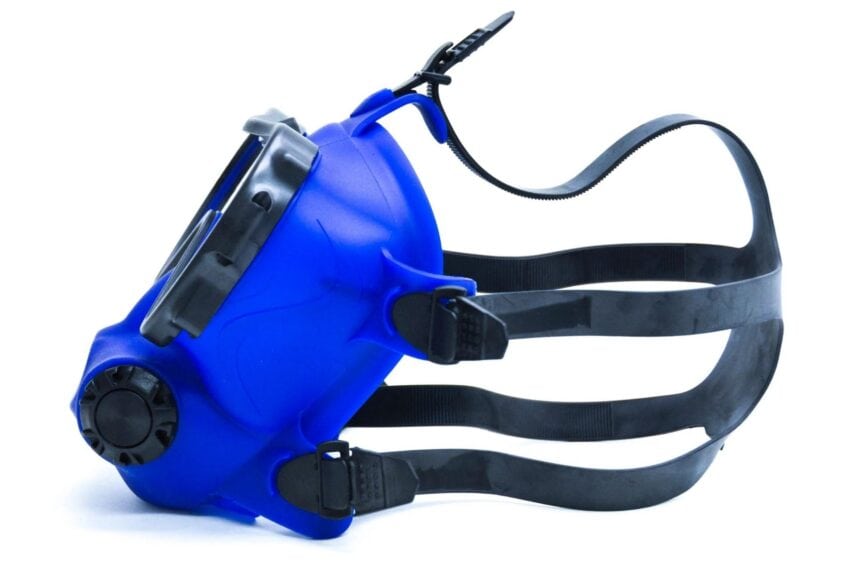 blue ots spectrum scuba diving mask strap OTS Spectrum full face mask in blue, side view showing the five point spider strap