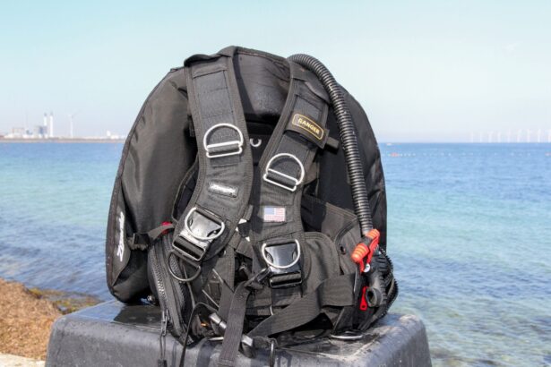 Zeagle Ranger BCD standing upright on a block by the sea, showing its padded harness, D-rings and inflator hose