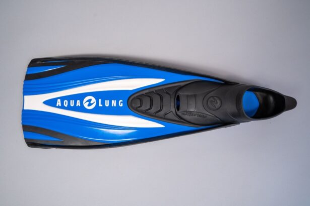 Full top view of a single Aqua Lung Express fin laid flat, blue blade with the white Aqua Lung logo