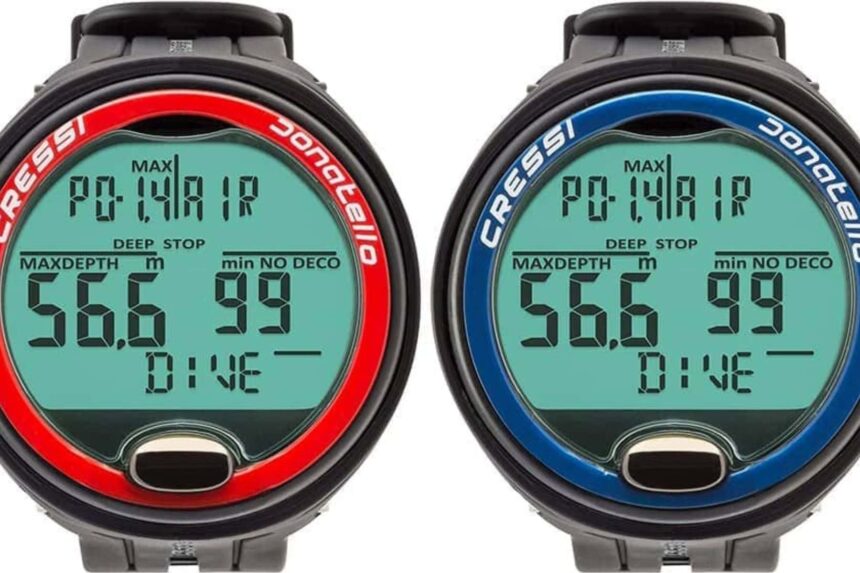 Cressi Donatello Color Variants Cressi Donatello dive computer shown with red and blue bezel color options