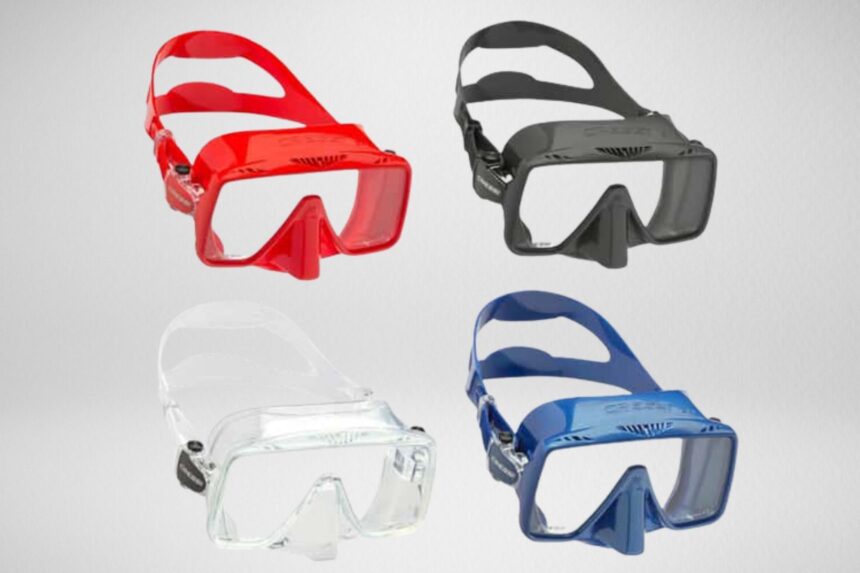 Cressi SF1 Mask Color Options Cressi SF1 mask shown in four colors: red, black, clear and blue
