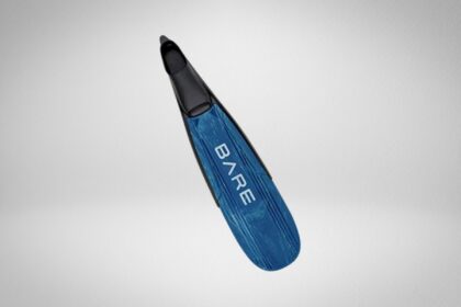Bare Predator freediving fin with blue camo blade and black foot pocket, shown at an angle
