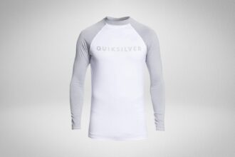 Quiksilver Always There rash guard in white with grey raglan sleeves and a chest logo