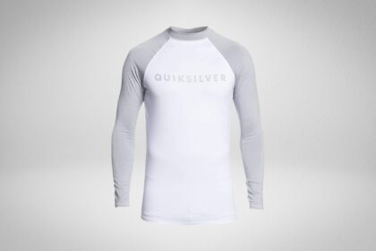 Quiksilver Always There rash guard in white with grey raglan sleeves and a chest logo