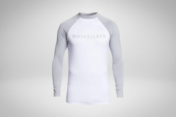Quiksilver Always There rash guard in white with grey raglan sleeves and a chest logo